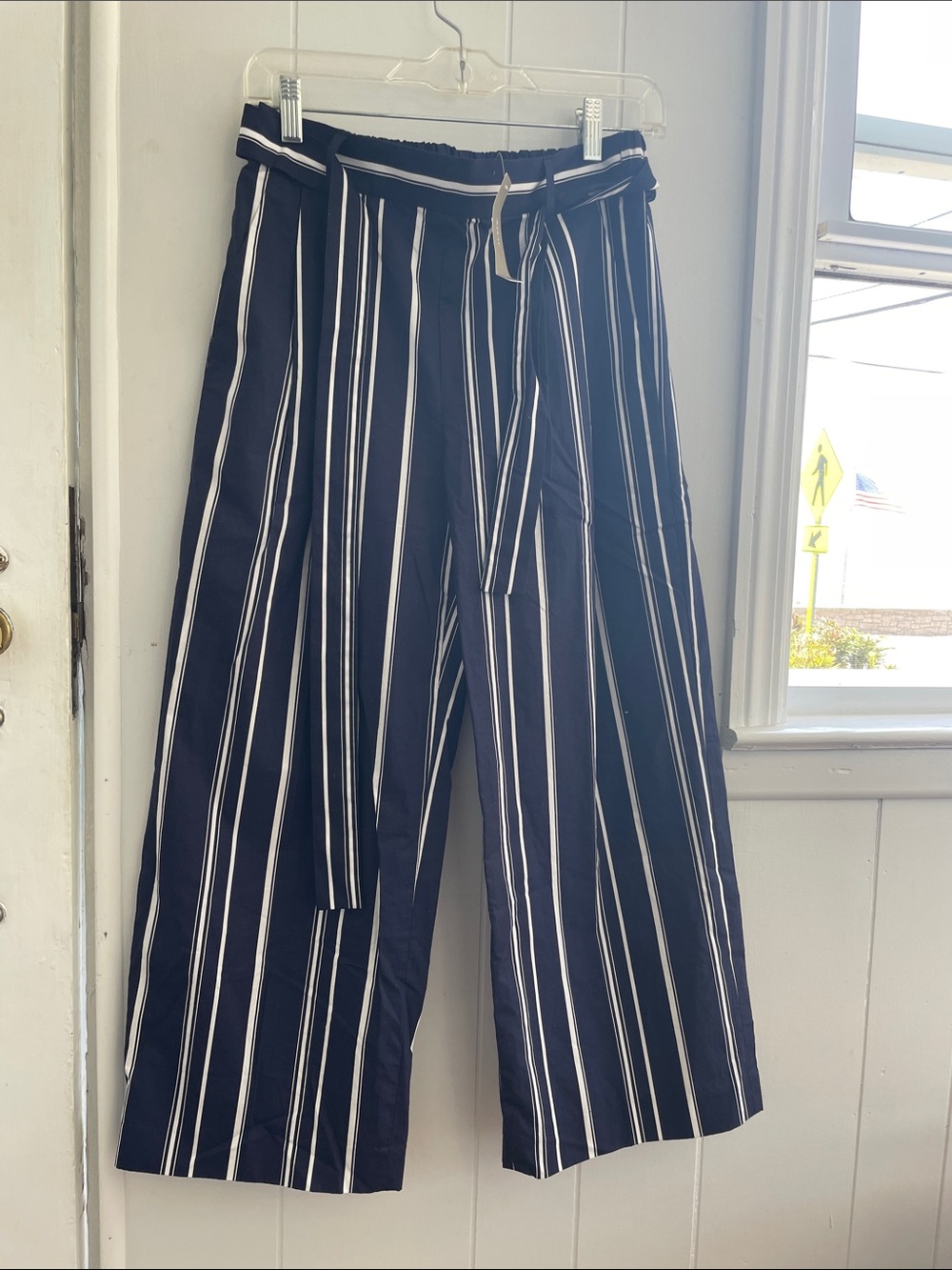 J. Crew Navy and White Striped Cropped Wide-Leg Pants